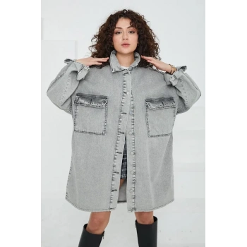 Düz Gömlek Yaka Kadın Gri Kuş Gözü Cepli Kot Ceket