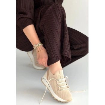 Feort Bej Triko Bağcıklı Spor Ayakkabı