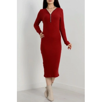 Fermuar detaylı fitilli şardonlu elbise bordo a3178