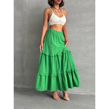 Fırfırlı brodeli astarlı uzun etek yeşil s255047