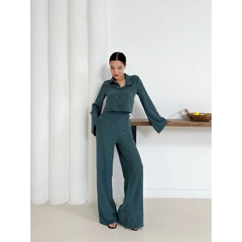 Gömlek yaka kaplama düğmeli takım petrol yeşili st265866