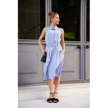 Gömlek yaka kemerli elbise mavi s255061