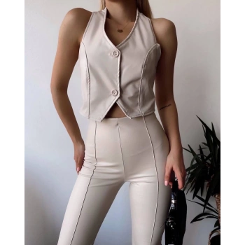 İki düğmeli deri yelek krem s243001