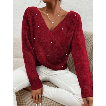 İncili çapraz kazak bordo