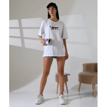 Kaplan nakış işlemeli Oversize tişört