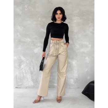 Kendinden ince kemerli deri pantolon bej t1178
