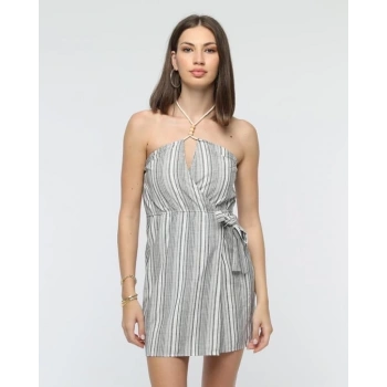 Kuşaklı çizgili mini keten elbise