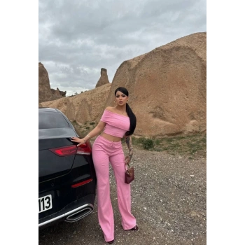 Madonna yaka bol paça pantolonlu takım