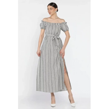 Madonna yaka midi yırtmaçlı kuşaklı keten elbise