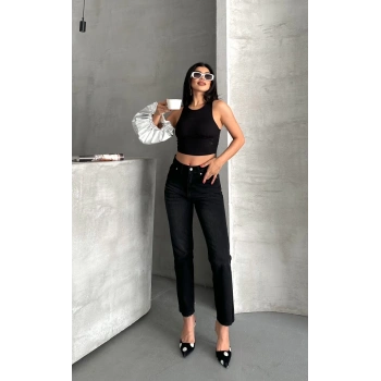 Mom fit enzim bıyıklı taş yıkama jeans pantolon siyah d2006