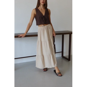 Müslin kumaş keten uzun etek bej pt