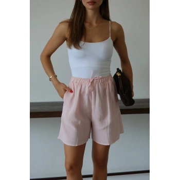 Müslin kumaş şort bağcıklı pembe pt