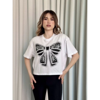 Oversize Beyaz baskılı crop tişört