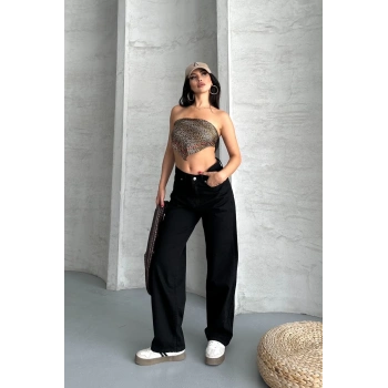 Palazzo straight enzim süper taş yıkama jeans pantolon siyah d2008