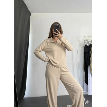 Polo yaka alt üst kollu modal takım bej pt