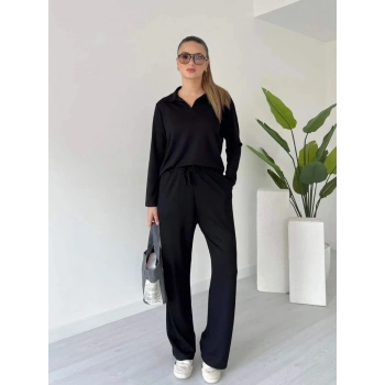 Polo yaka alt üst kollu modal takım siyah pt