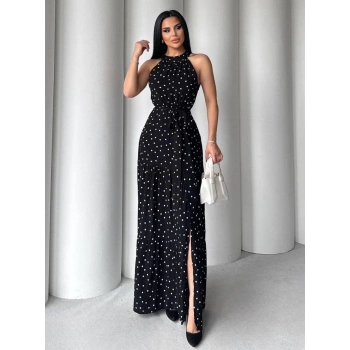 Puantiyeli yırtmaçlı elbise N4233