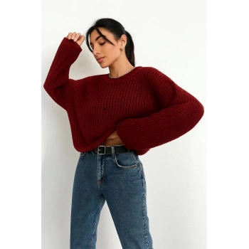 Salaş delik detaylı kazak bordo