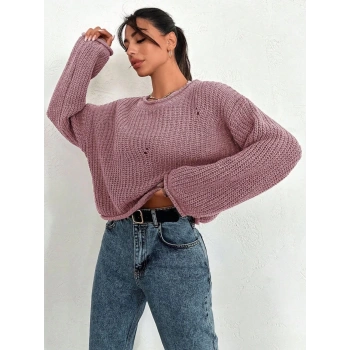 Salaş delik detaylı kazak pembe