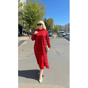 Triko Hırka elbise ikili takım kırmızı