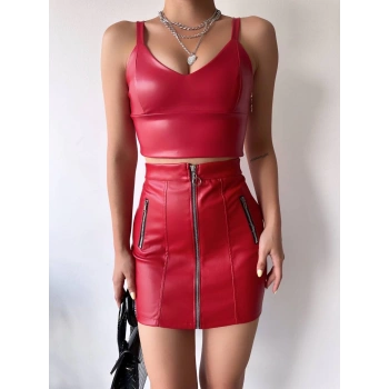 Üç fermuarlı deri etek bordo s24510