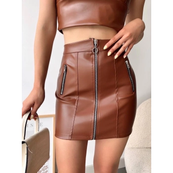 Üç fermuarlı deri etek kahve s24510