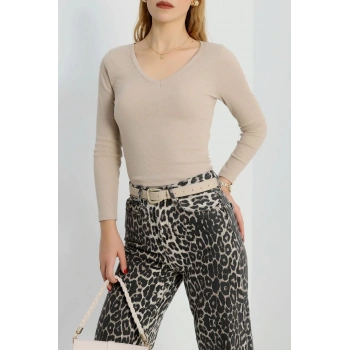 V yaka kaşkorse bluz bej a3699