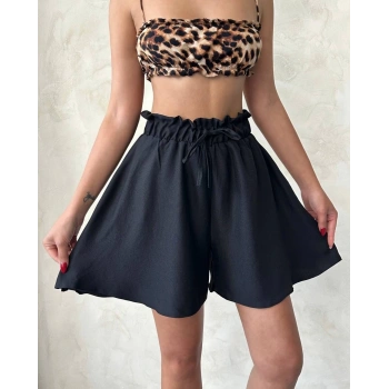 Volanlı keten şort siyah s255058