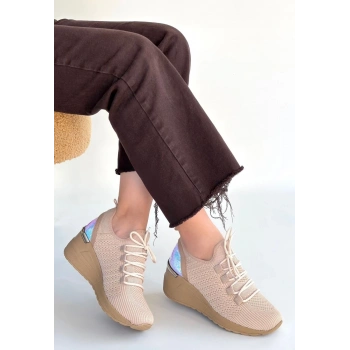 Weor Bej Triko Bağcıklı Spor Ayakkabı