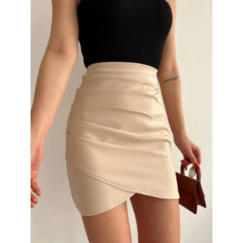 Yandan drapeli asimetrik etek bej s24771