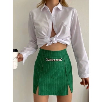 Zincir detaylı çizgili şort etek