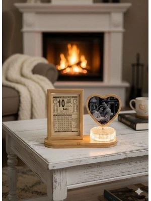 Dönen Ahşap LEDli fotoğraf çerçevesi + İstediğiniz tarihli takvim yaprağı ile.