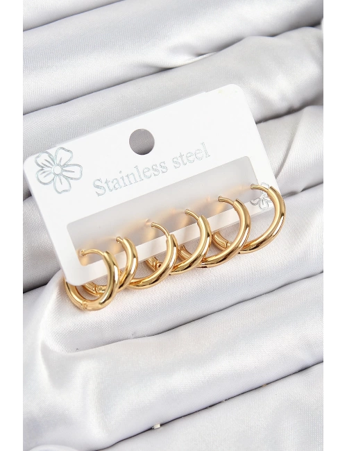 316L Çelik Halka Model Gold Renk 3lü Set Kadın Küpe