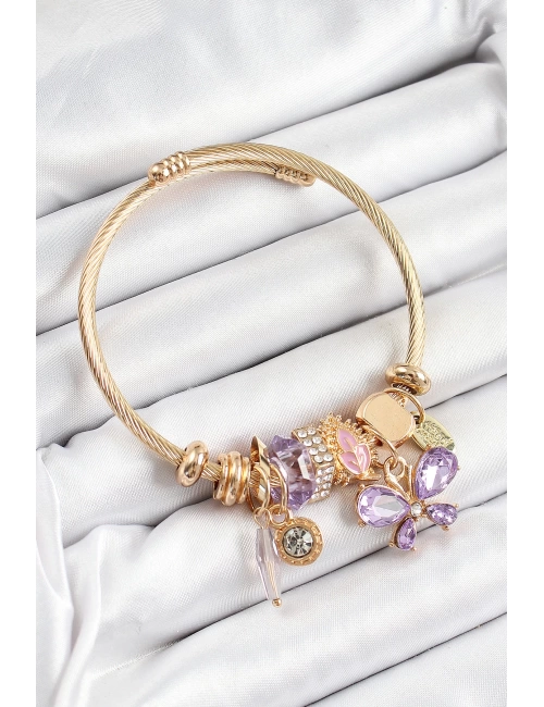 316L Çelik Mor Zirkon Taşlı Kelebek Model Gold Renk Charm Bileklik