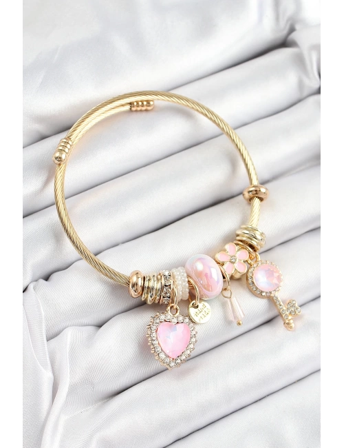 316L Çelik Pembe Zirkon Taşlı Anahtar Ve Kalp Model Gold Renk Charm Bileklik