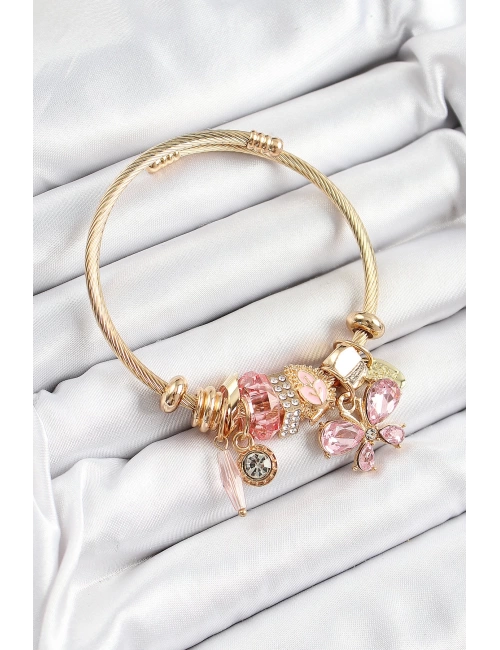316L Çelik Pembe Zirkon Taşlı Kelebek Model Gold Renk Charm Bileklik
