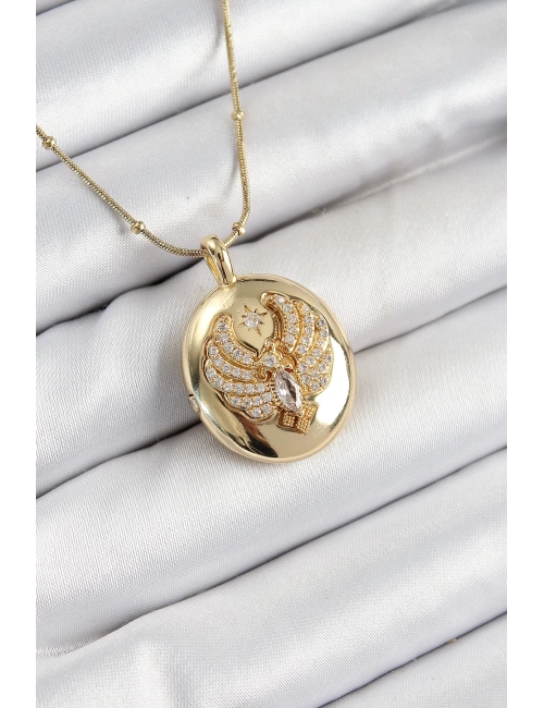 316L Çelik Zincir Açılabilir Anka Kuşu Model Zirkon Taşlı Gold Renk Kadın Kolye