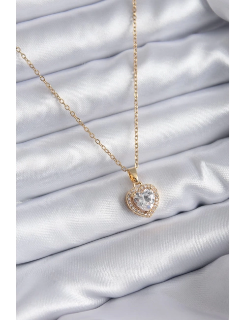 316L Çelik Zincir Gold Renk Zirkon Taşlı Kalp Model Charm Kadın Kolye