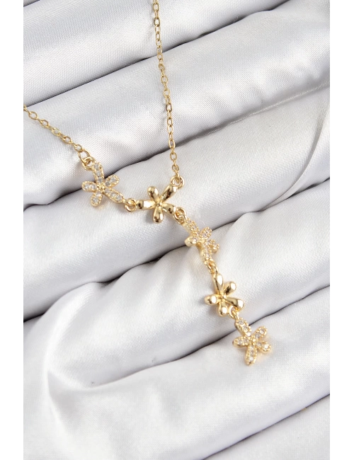 316L Çelik Zirkon Taşlı Çiçek Model Gold Renk Kadın Kolye