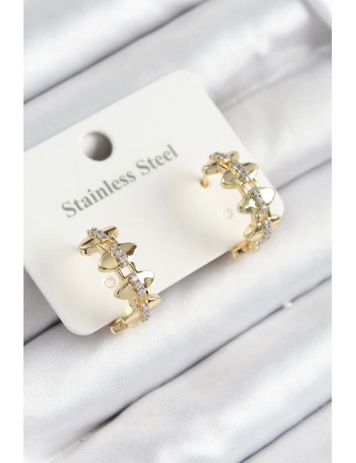 316L Çelik Zirkon Taşlı Çit Halka Model Gold Renk Kadın Küpe