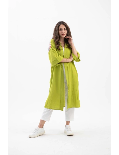 Arkası Baskılı Püsküllü Kimono - Açık Yeşil