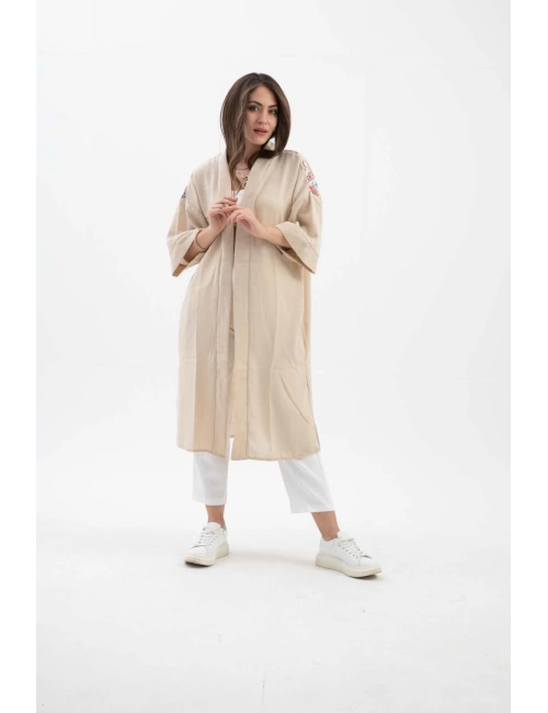 Arkası Baskılı Püsküllü Kimono - Bej