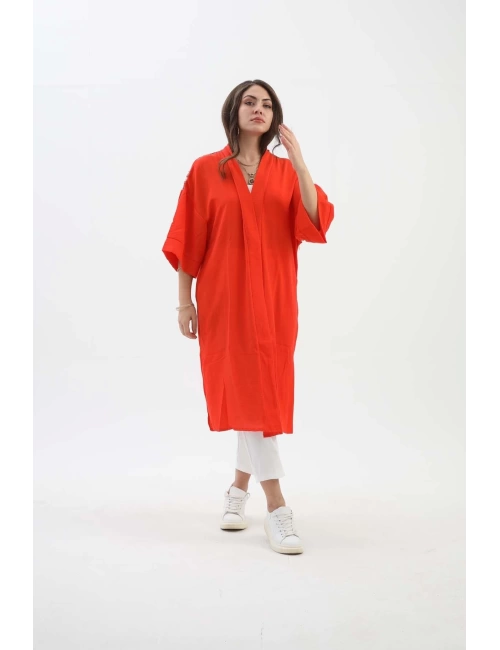 Arkası Baskılı Püsküllü Kimono - Turuncu