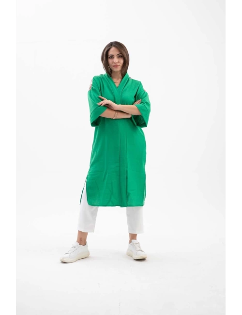 Arkası Baskılı Püsküllü Kimono - Yeşil