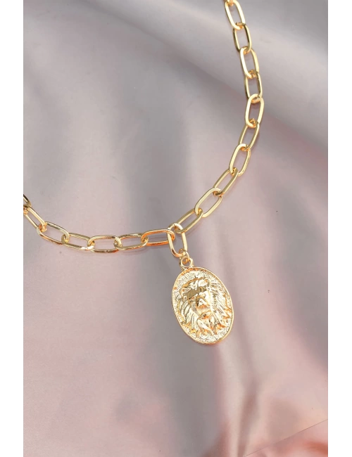 Aslan Figürlü Gold Metal Zincirli Kadın Kolye