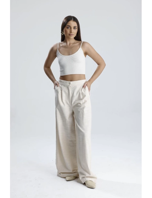 Beli Lastikli Yandan Cepli Keten Pantolon - Bej