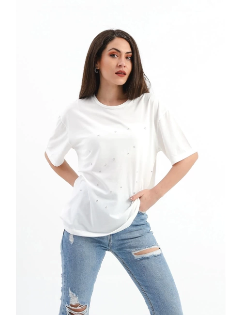 Bisiklet Yaka Halka Ve Boncuk Detaylı T-shirt - Ekru