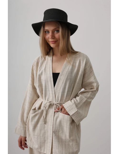 Çizgi Detaylı Bağlamalı Keten Kimono - Natür
