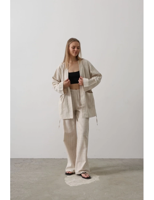 Çizgi Detaylı Keten Kimono Takımı