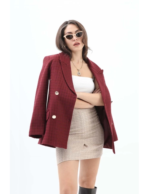 Kare Desen Kruvaze Yaka Ceket - Bordo